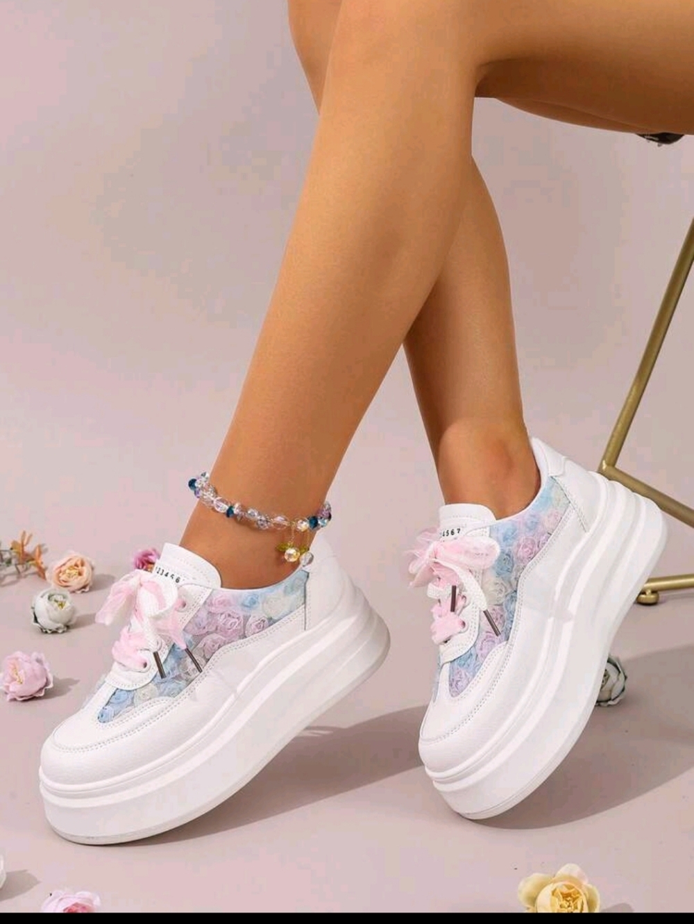 Platform Floral Lace-Up Sneakers - White with Pastel Accents